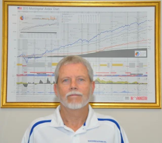 Portrait of Landon McDonald standing before a framed historical market-returns chart.