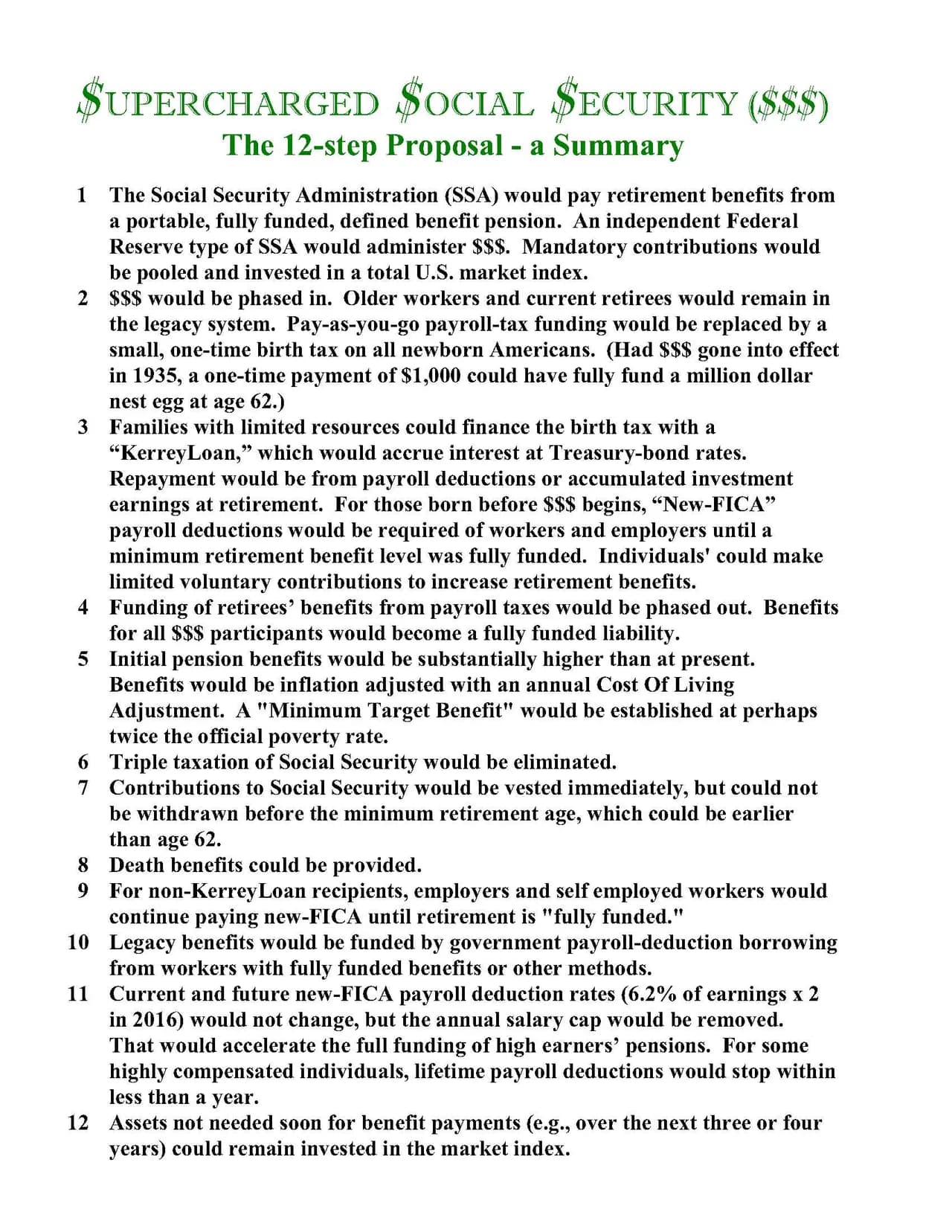 My original one-page slide, 'The 12-step Proposal – a Summary', listing all twelve steps in my own green-and-black typography.